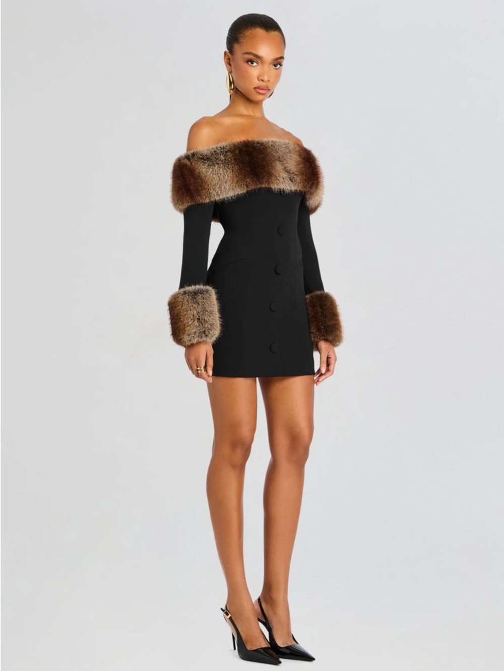 Retrofete Off-Shoulder Black Mini Dress with Brown Faux-Fur Trim
